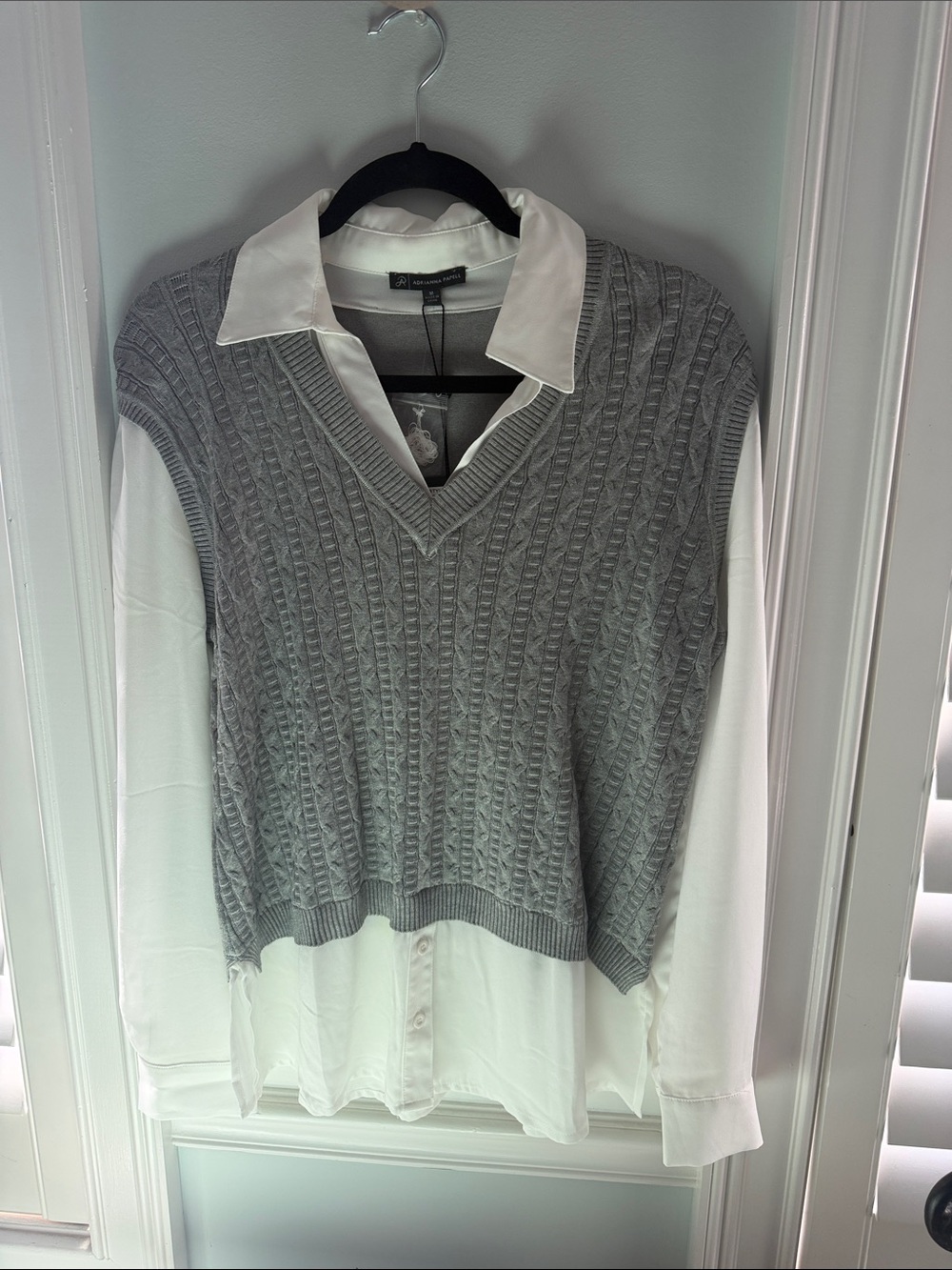 Adrianna Papell Grey Cable-Knit V-Neck Sweater Vest with White Shirt